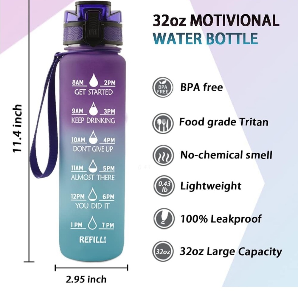 NWT TACGEA Leakproof Sports Motivational Water Bottle With Time Marker to Drink